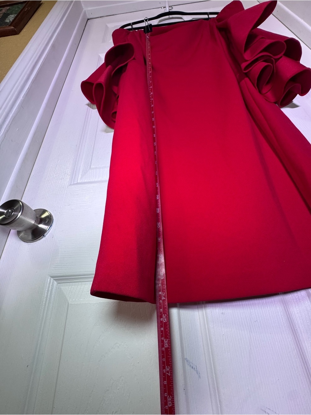 Calvin Klein Red Off-Shoulder Ruffle-Sleeve Sheath Dress - Picture 11 of 11